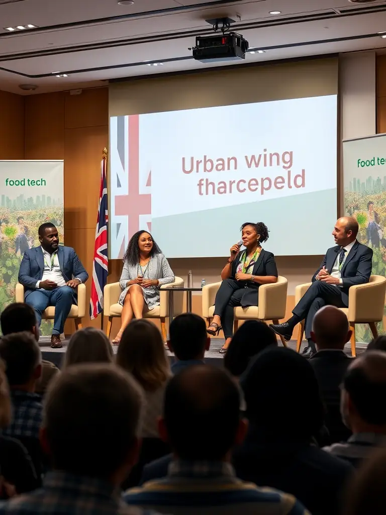 A photo of a panel discussion at a Hungerhub conference, featuring experts debating the future of urban farming and its impact on food supply chains.