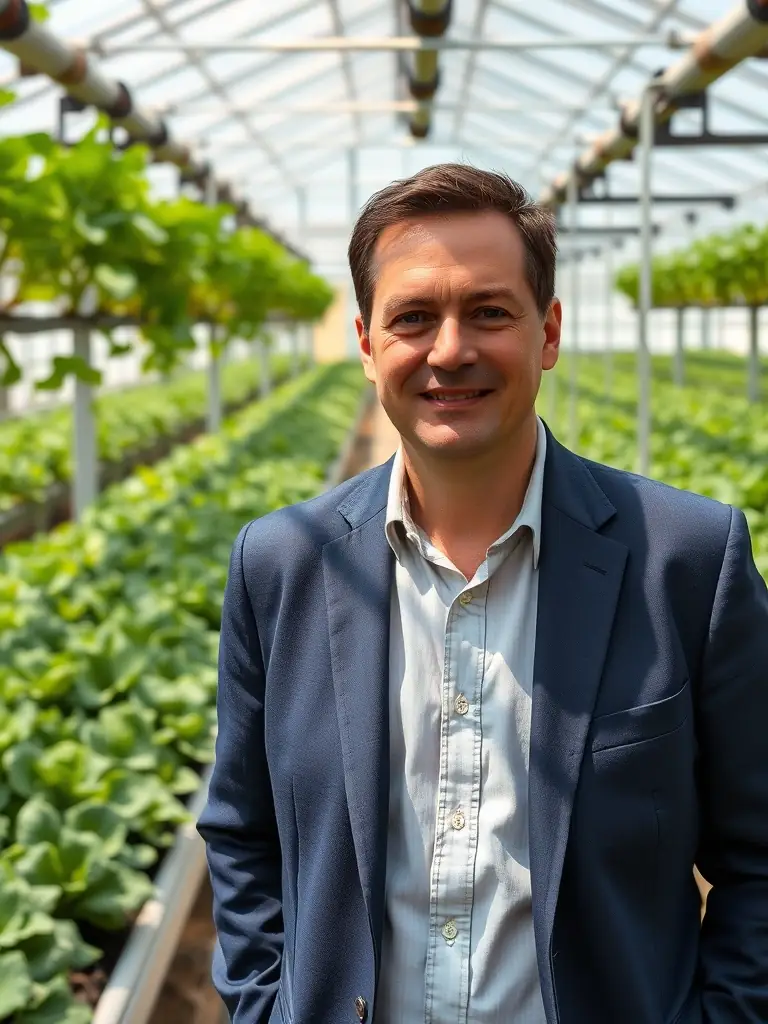 A photo of John McGregor, CEO of AgriTech Solutions, standing in a high-tech greenhouse. He is a featured speaker at the Agri-Food Supply Chain Conference.