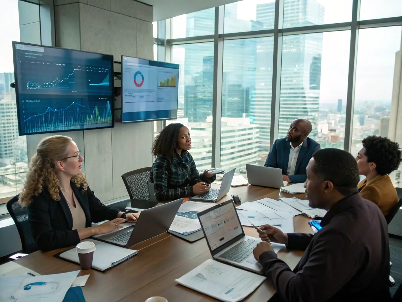 A diverse group of professionals attending a workshop on supply chain optimization in the food industry, set in Manchester.