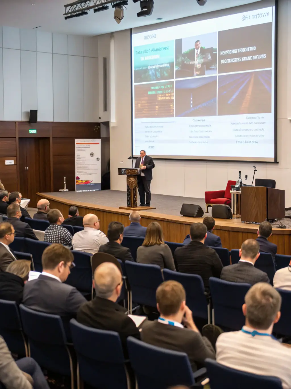 A photograph capturing a keynote speaker passionately addressing a large audience at the Annual Food Tech Conference, emphasizing their expertise in sustainable food practices.