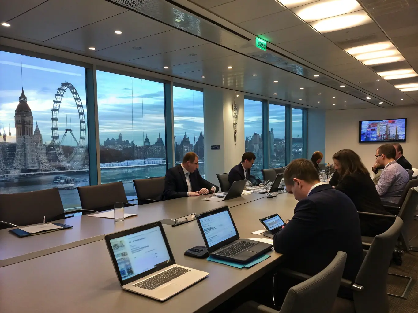 A modern conference hall with attendees networking and a display showcasing innovative food technology solutions, set in London.