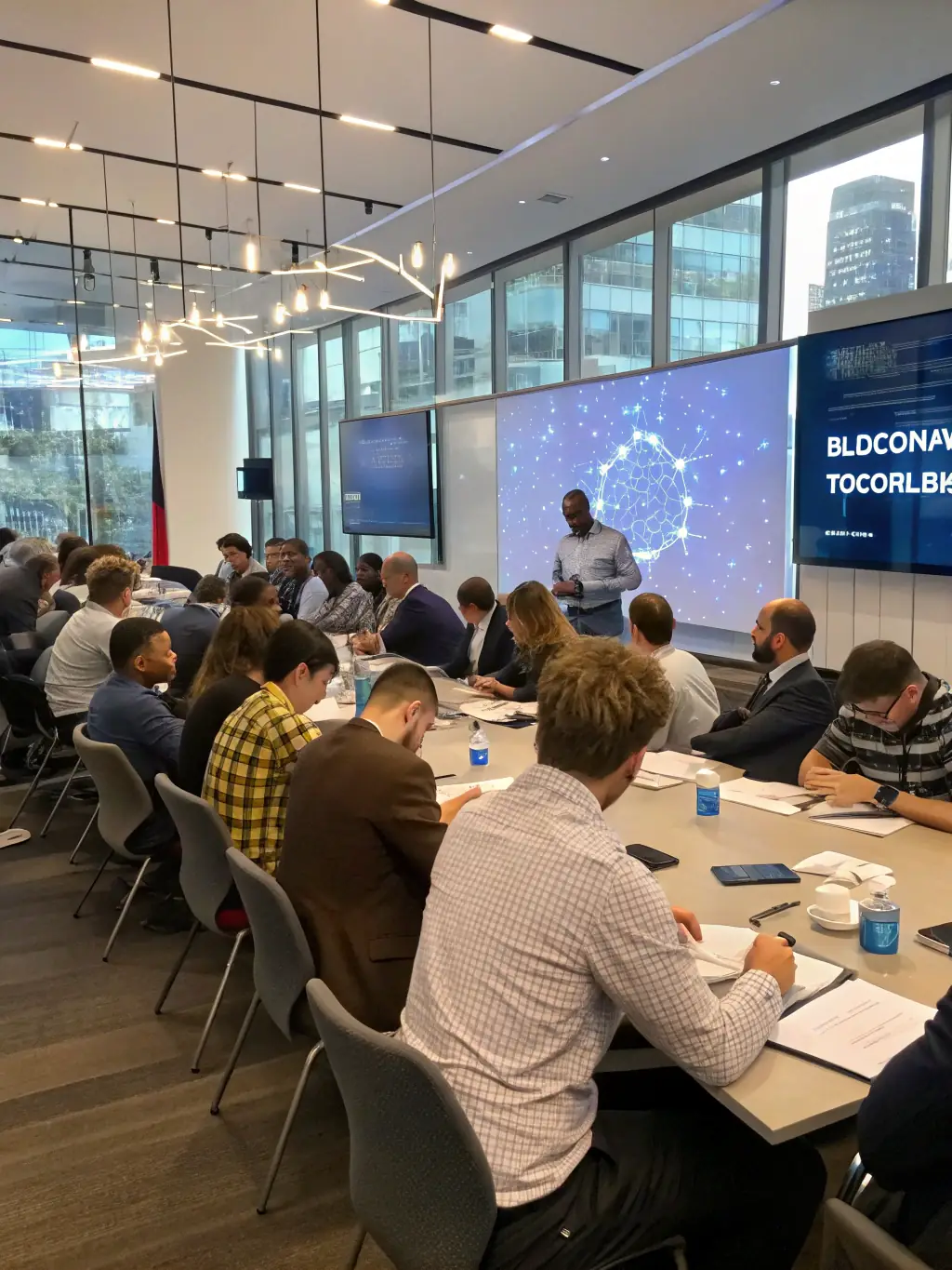 A photo of a workshop session at a Hungerhub conference, where participants are actively engaged in learning about blockchain technology for food traceability.